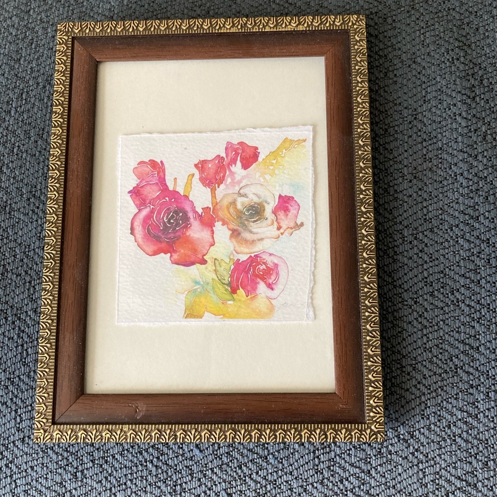 Framed Floral Watercolor - hand painted roses in gilded frame
